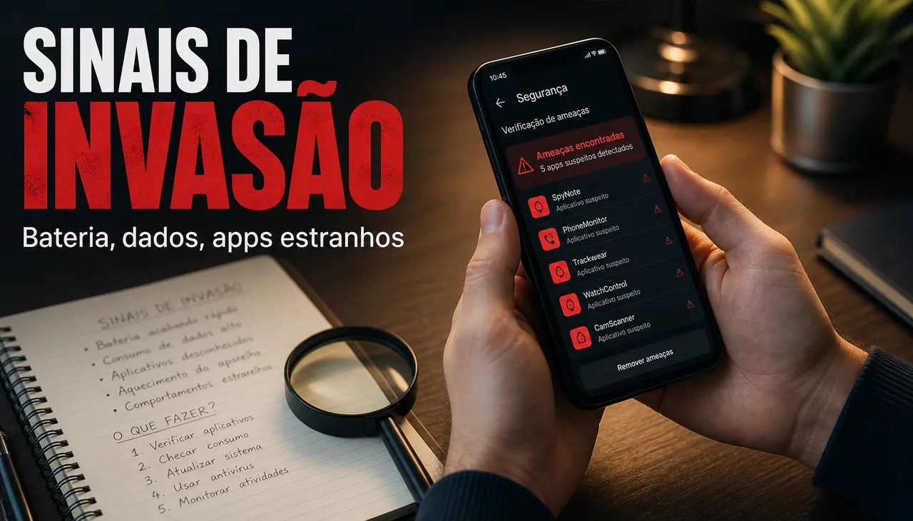 Mão segurando smartphone com tela de segurança listando aplicativos suspeitos detectados