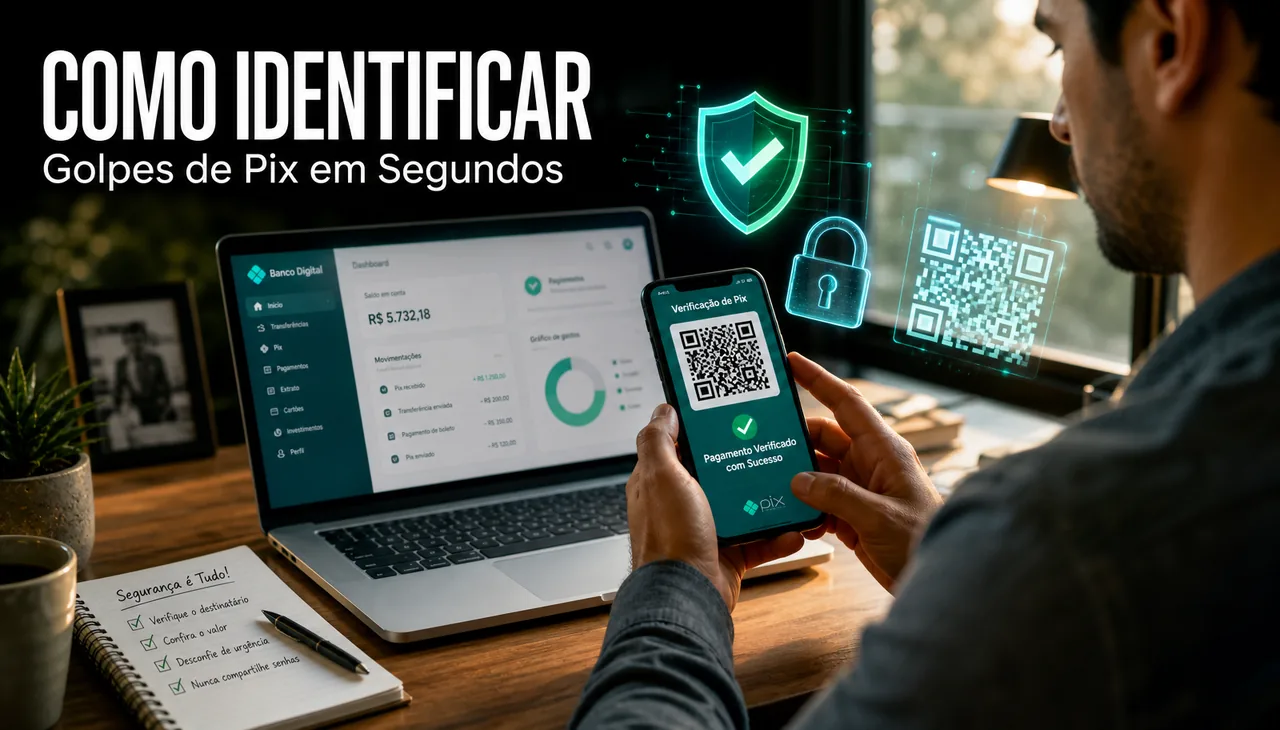 Pessoa verificando pagamento Pix em smartphone com dashboard bancário e QR Code