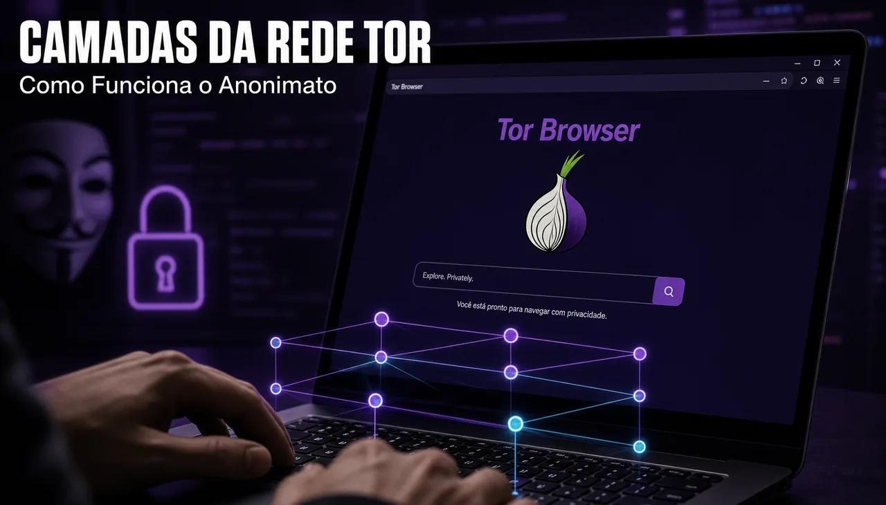 Ilustração das três camadas da rede Tor sobre um notebook