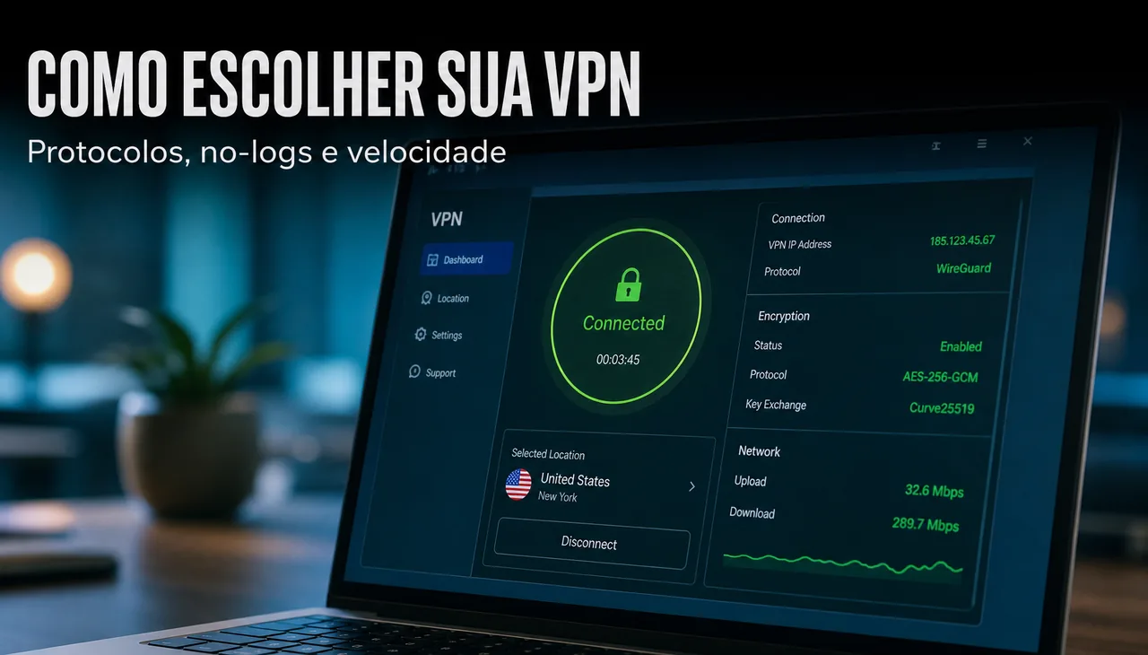 Tela de laptop mostrando painel de aplicativo de VPN conectado com detalhes de protocolo WireGuard e criptografia AES-256